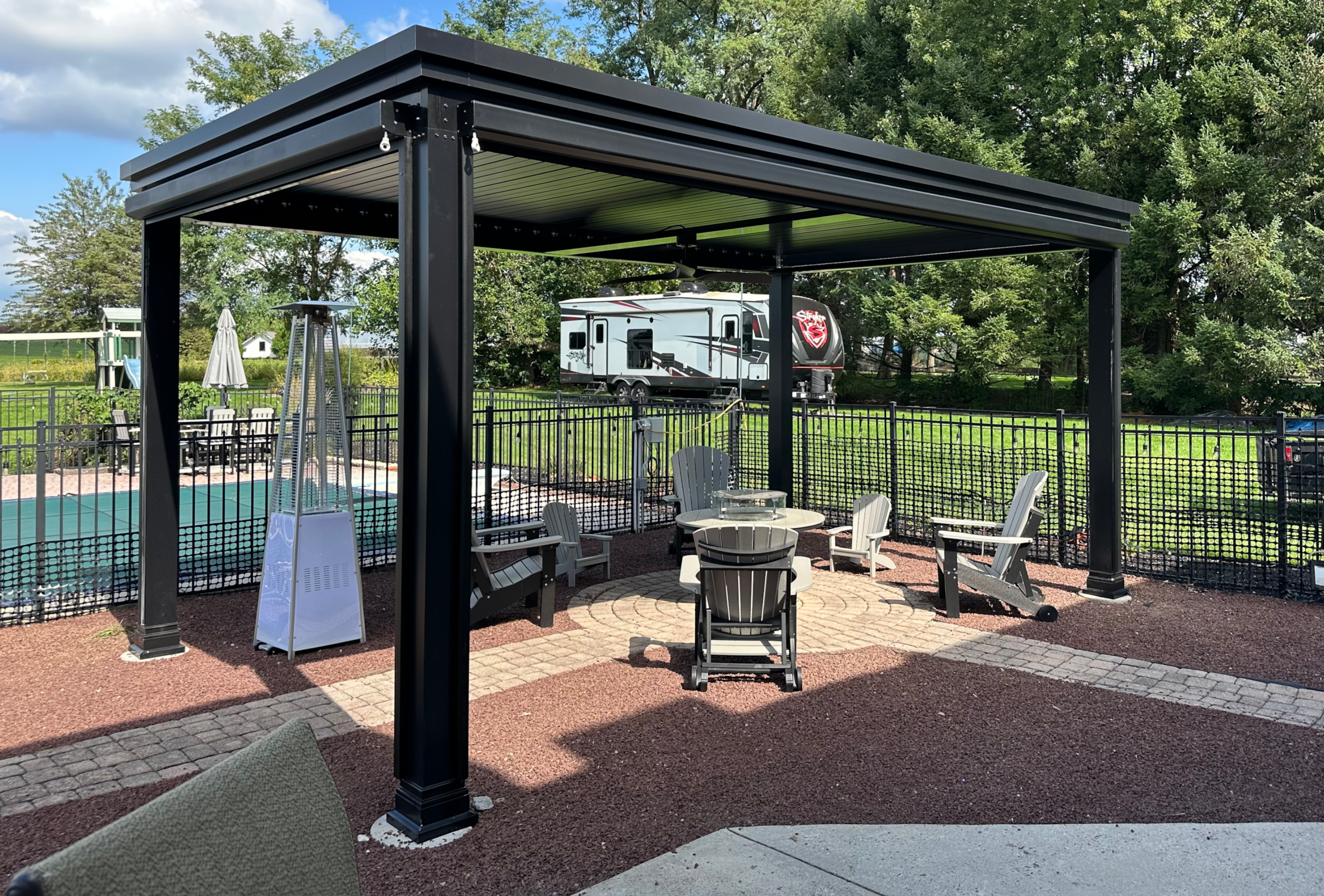 free standing luxury pergola with louvered roof on patio pool pergola