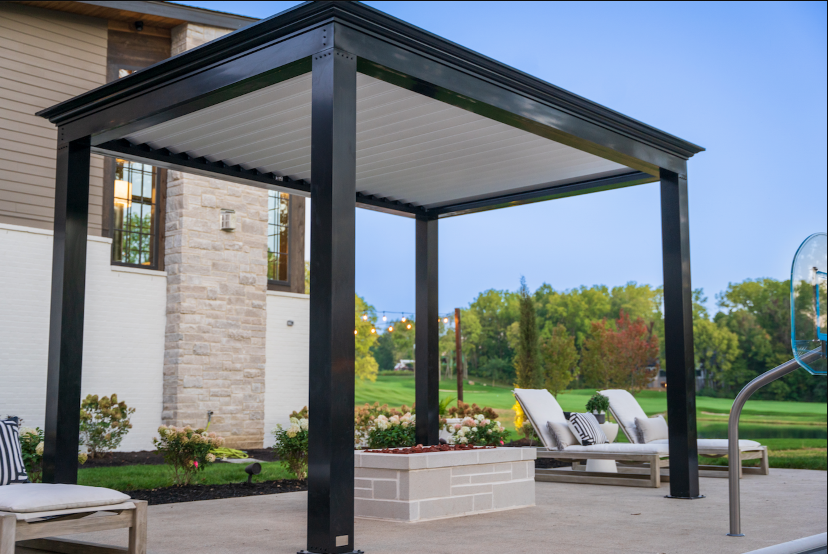 Free standing poolside pergola installed over a patio