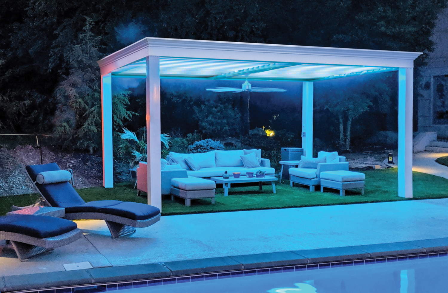 free standing luxury pergola with louvered roof with lighting and fan attached