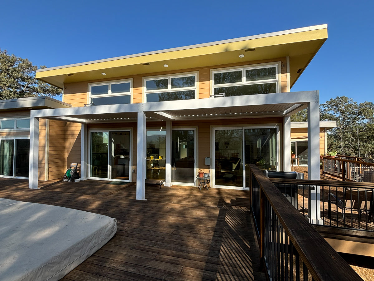 house attached luxury poolside pergola with louvered roof