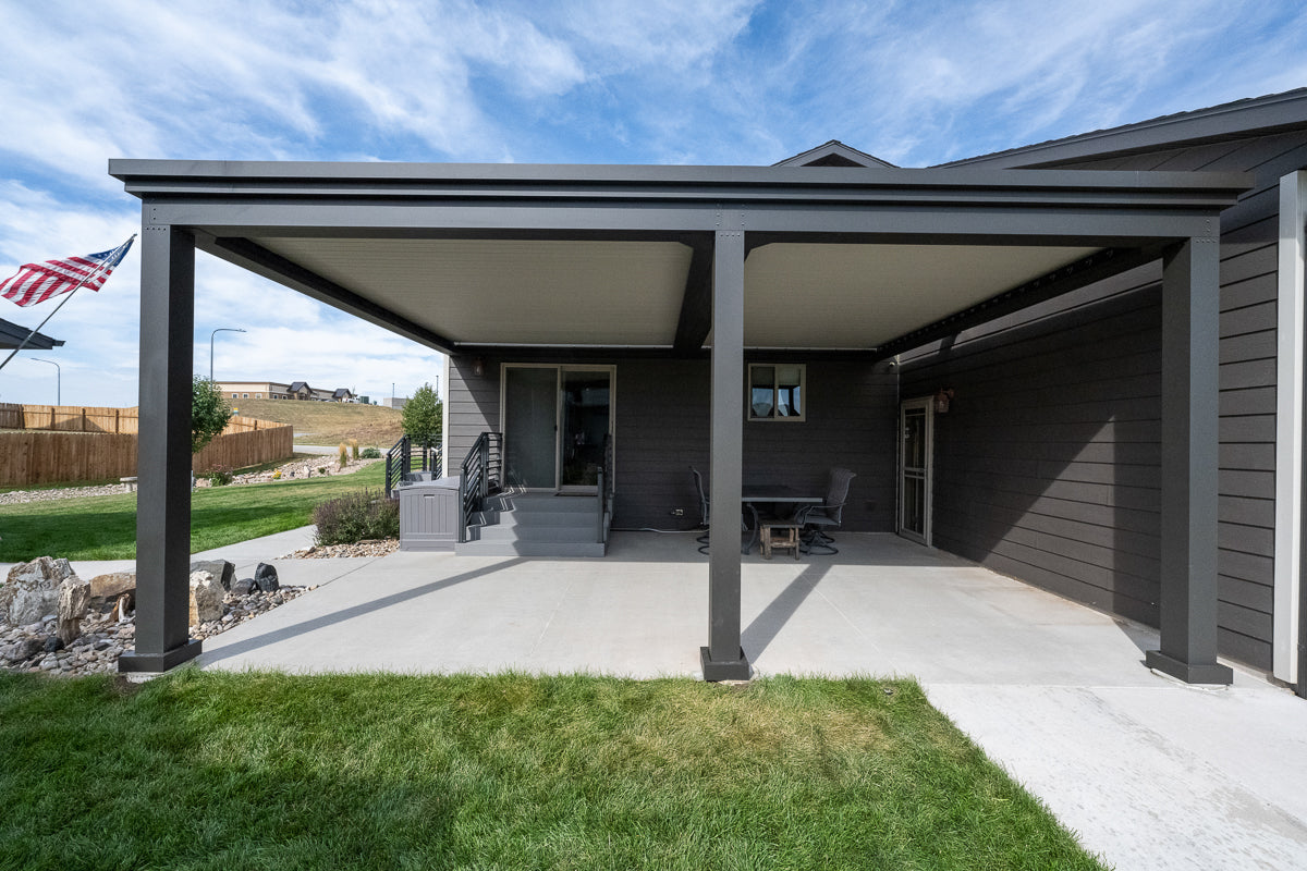 house attached double pergola black on patio