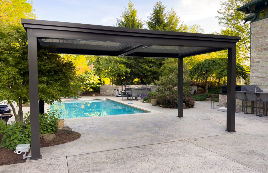 free standing luxury pergola with louvered roof