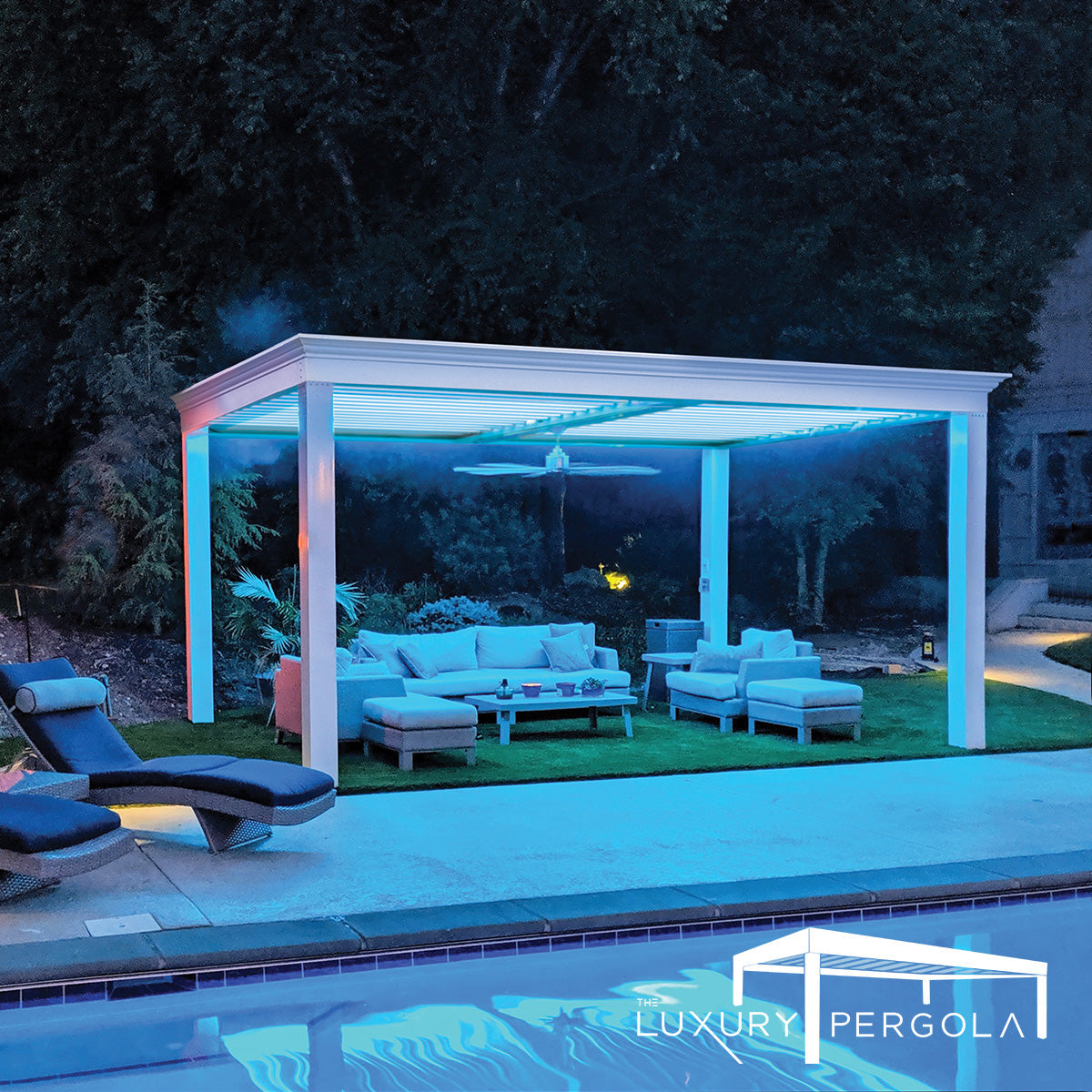 free standing luxury pergola with louvered roof with lighting and fan attached