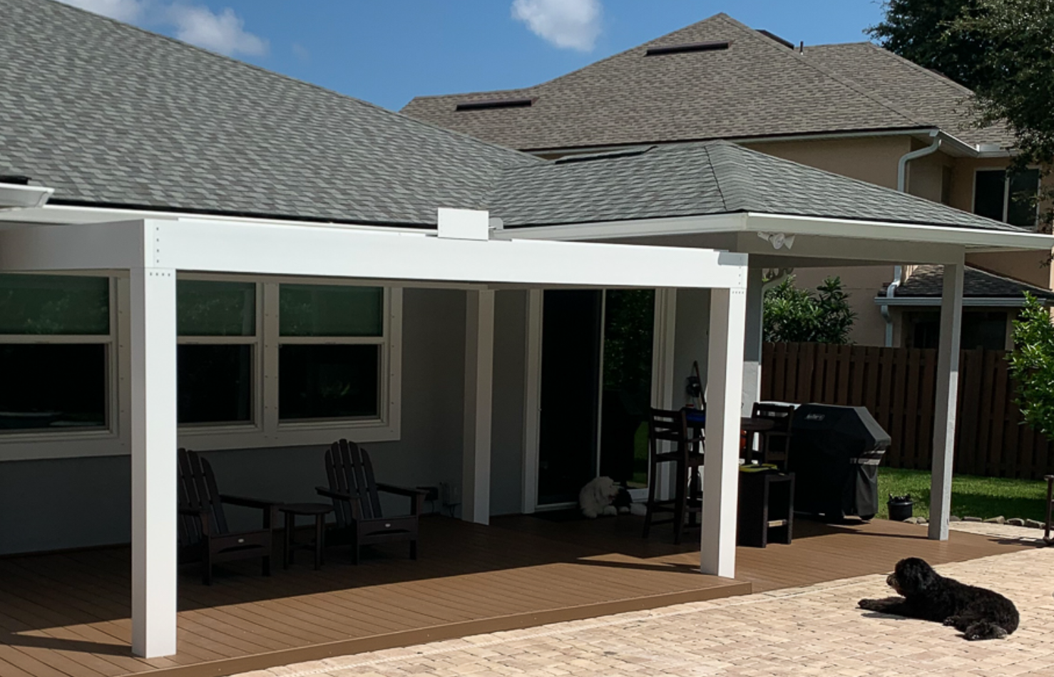 free standing luxury pergola with louvered roof on patio