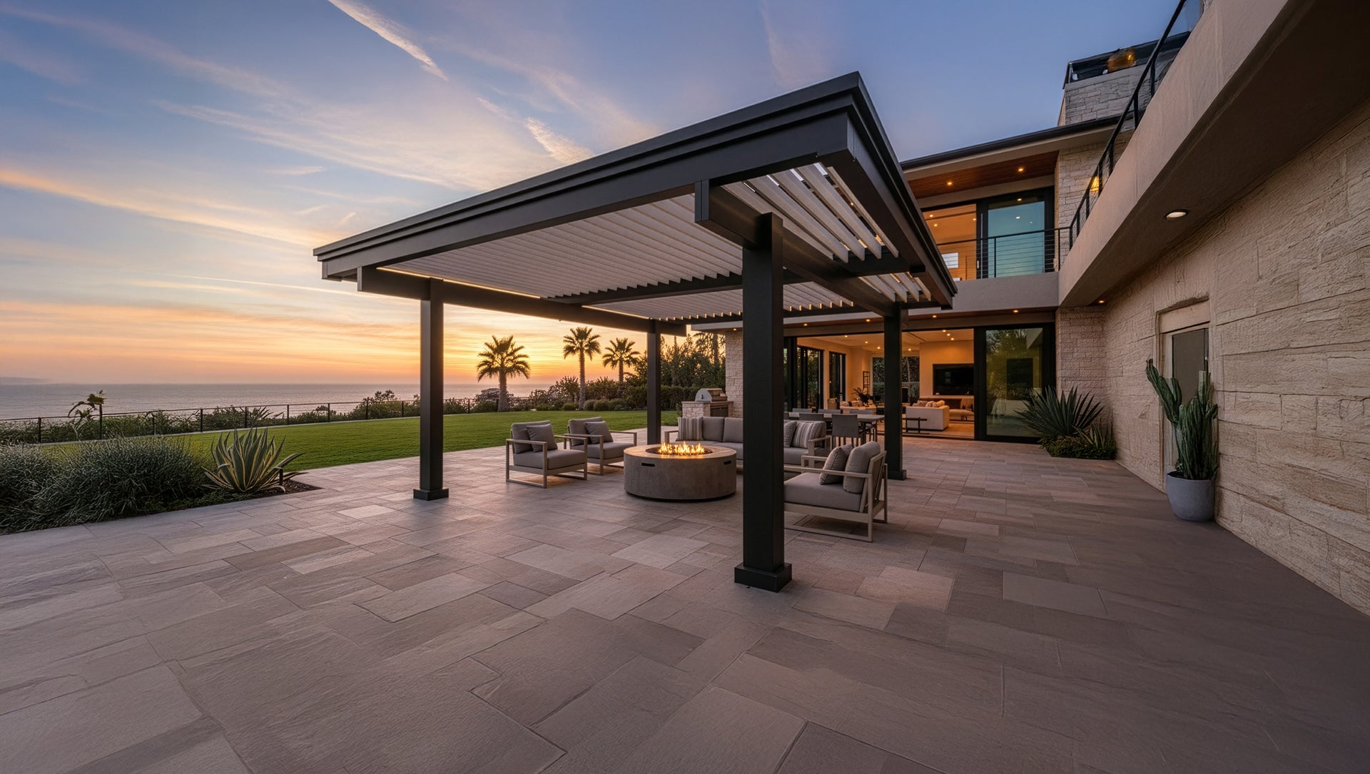 Modern patio with pergola, outdoor furniture, and sunset view