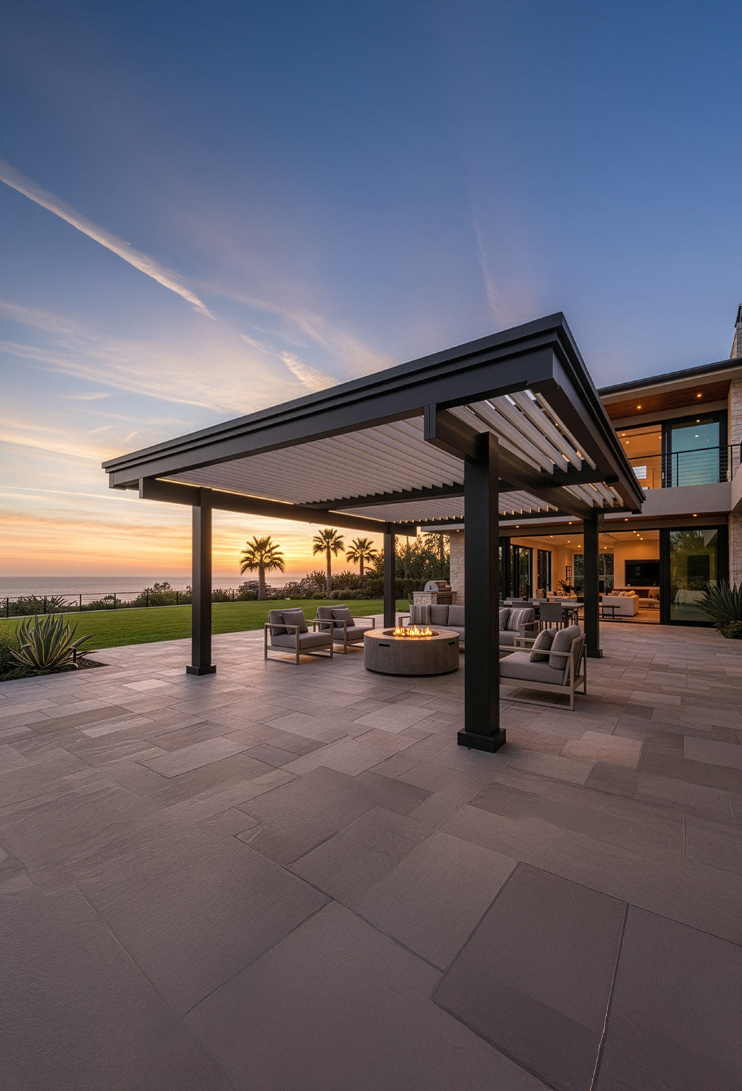 Modern outdoor patio with pergola, seating area, and sunset view.