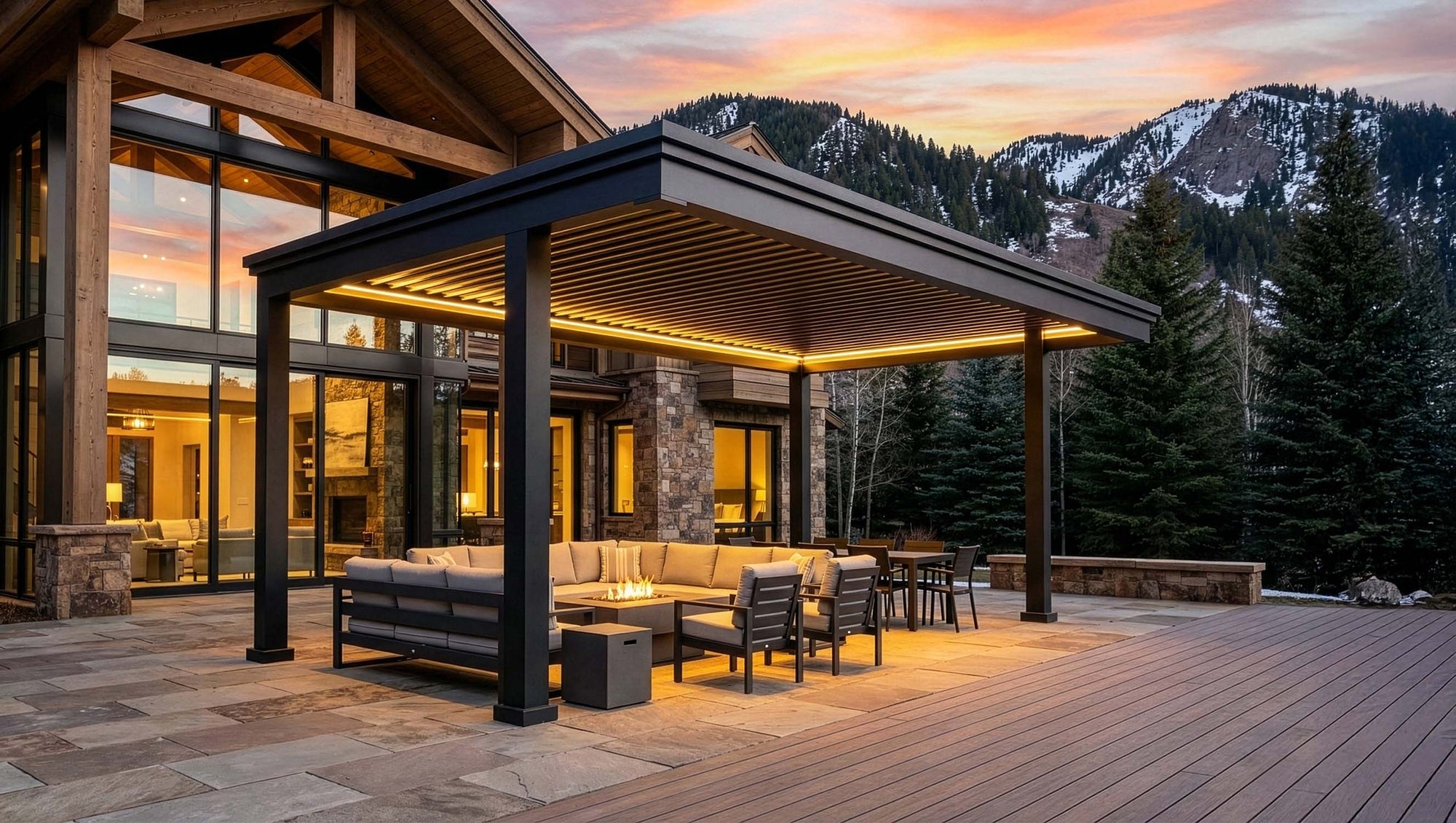Outdoor patio area with furniture and a mountain view during sunset.