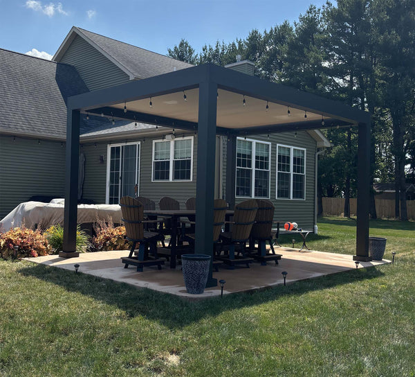 Pergola with fire pit at dusk