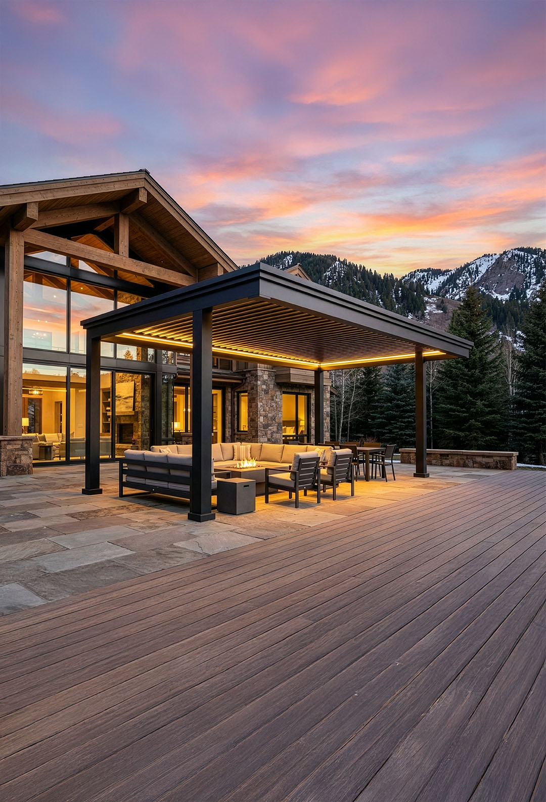 Outdoor patio area with furniture and a mountain view during sunset.