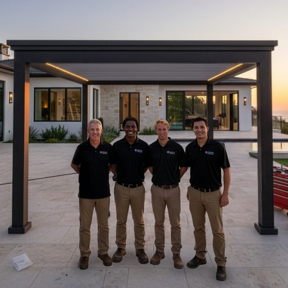 Four-person installation crew standing under a dark bronze aluminum louvered pergola with LED lighting in front of a modern home at sunset