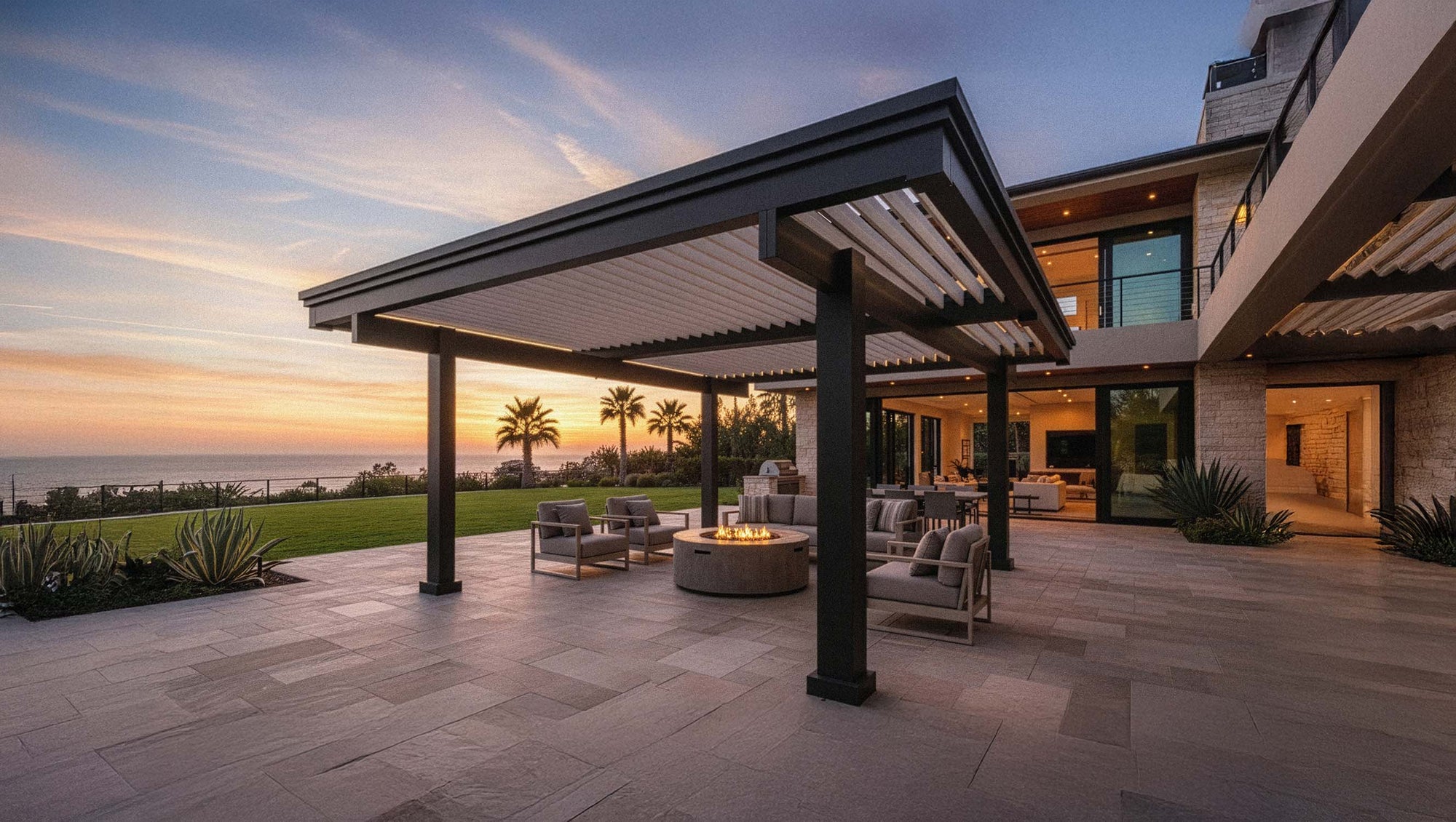 Outdoor patio area with pergola, furniture, and sunset view