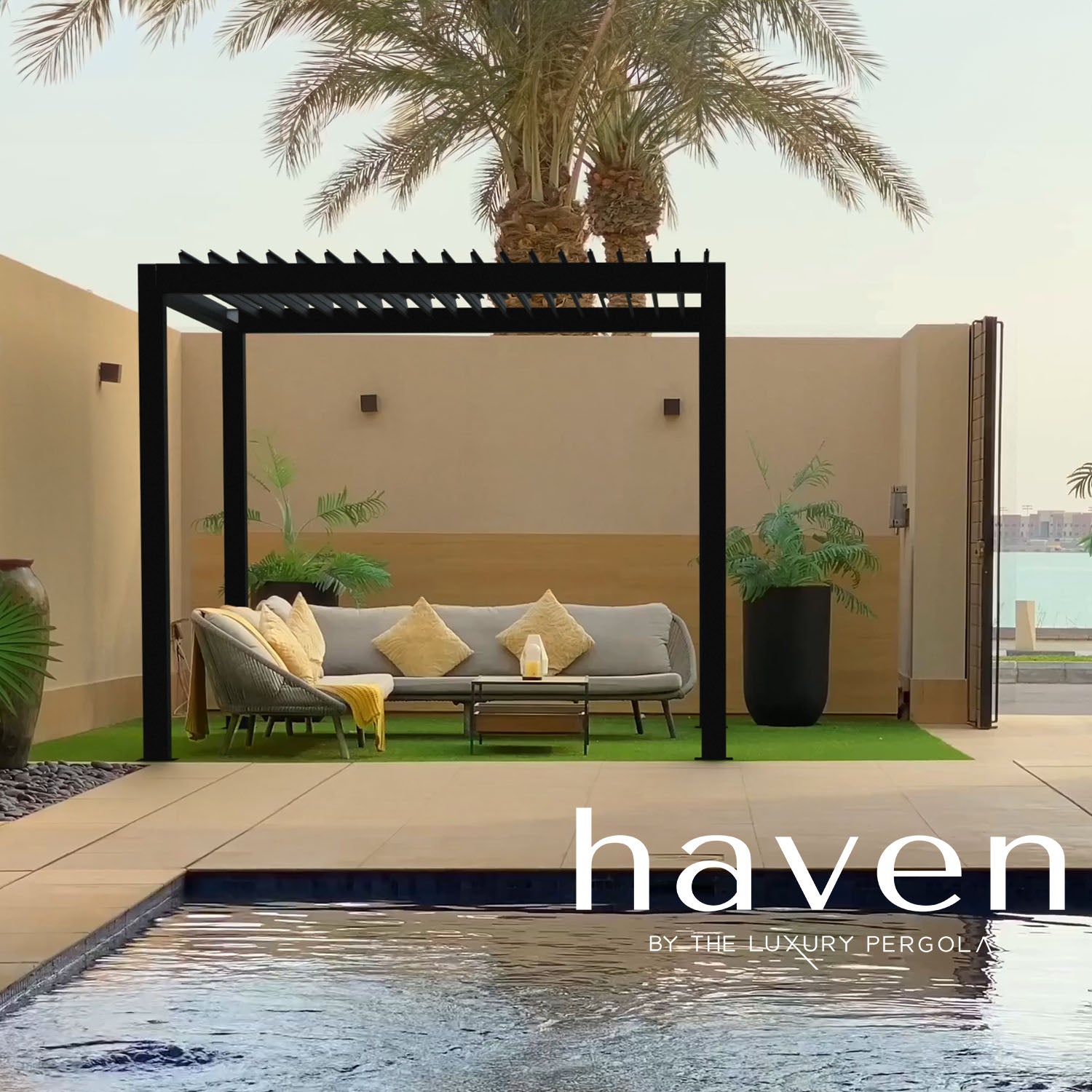 Haven Aluminum Pergola by a pool and beach