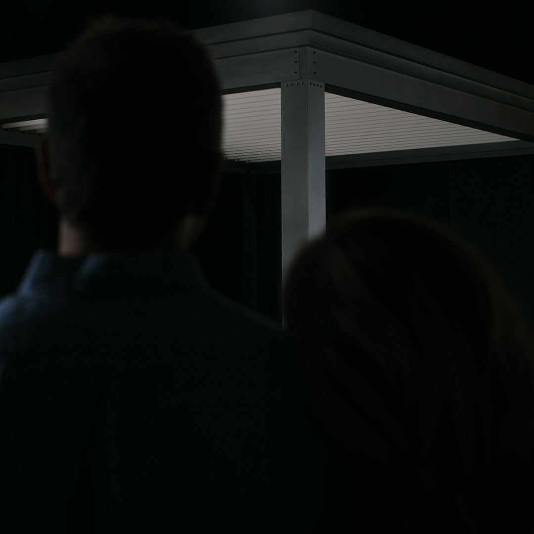 Dark louvered pergola with white roof slats, nighttime