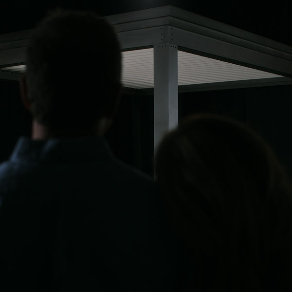 Dark louvered pergola with white roof slats, nighttime