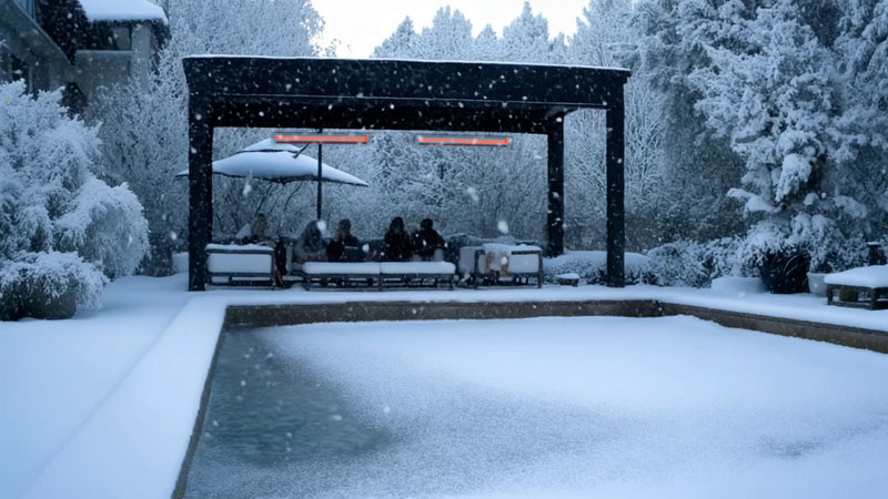 Black louvered pergola structure in snowy winter setting with heating installation