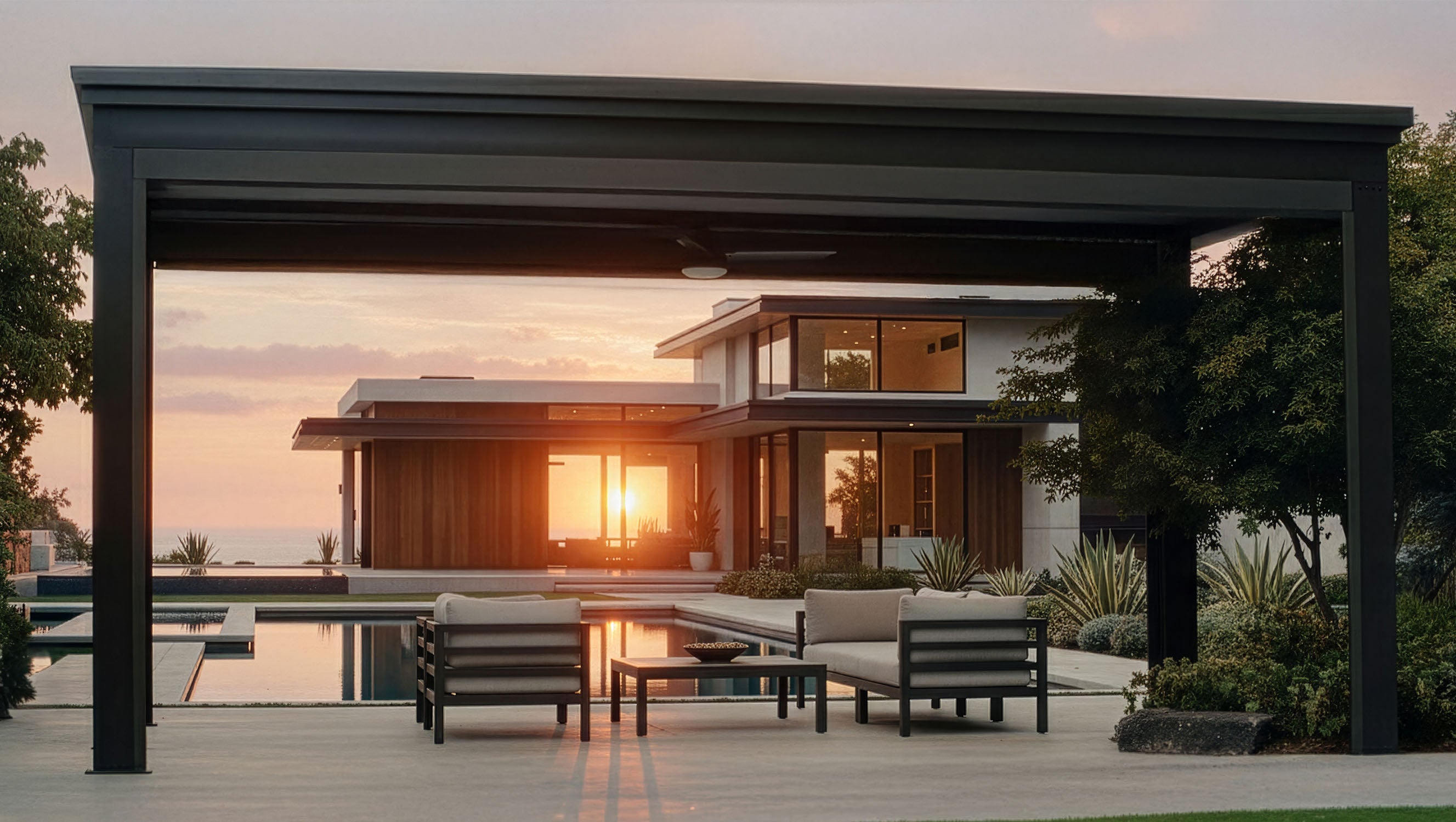 Modern house with a sunset view from an outdoor patio area.